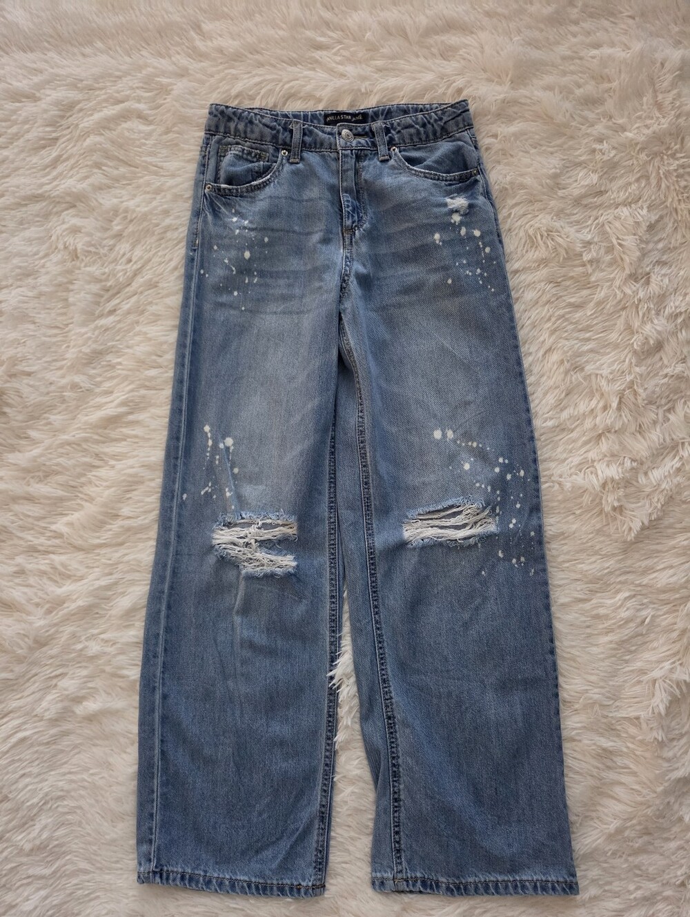 Vanilla Star Girl Wide Leg Medium Wash Knee Rip Paint Splatter Jeans Size 12